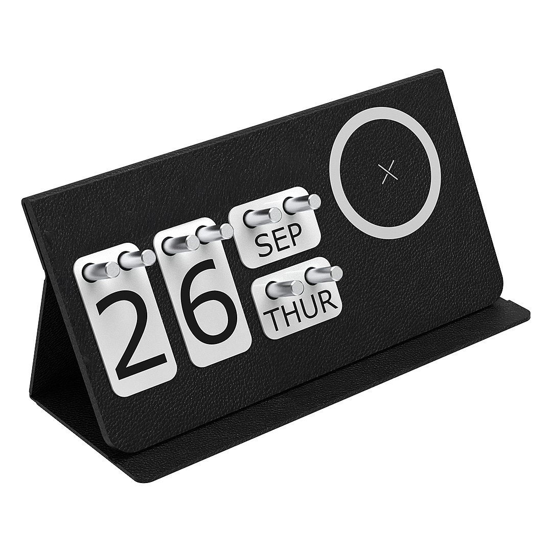 Perpetual desk calendar and wireless charger, 15W