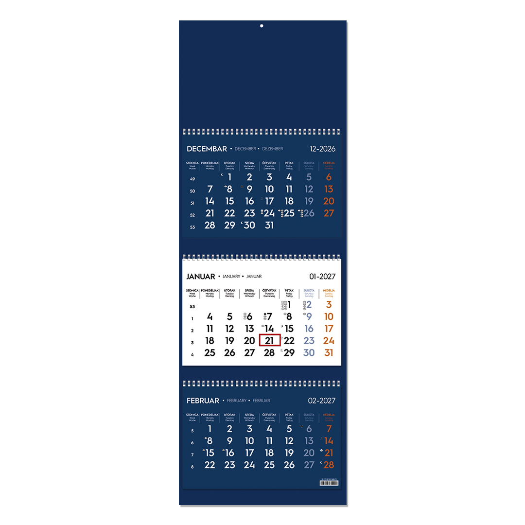 Wandkalender , 3-teilig, 3 x 12 Seiten, Format 23 x 51 cm